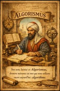 mathématicien perse Al-Khwarizmi Algorimus et avec le text Son nom, latinisé en Algorismus, donnera naissance au mot que nous utilisons encore aujourd’hui : algorithme