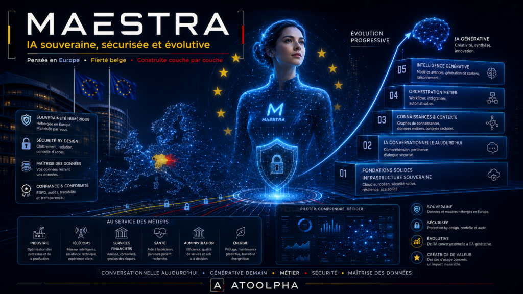 IA conversationnelle Maestra, intelligence artificielle conversationnelle belge d’ATOOLPHA, pensée en Europe autour de la sécurité, des métiers et de la souveraineté numérique.