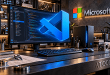 Atelier informatique en 3D avec un écran de code, le logo Visual Studio Code en relief, l’enseigne Microsoft et la signature ATOOLPHA.