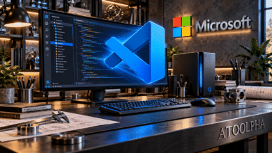 Atelier informatique en 3D avec un écran de code, le logo Visual Studio Code en relief, l’enseigne Microsoft et la signature ATOOLPHA.