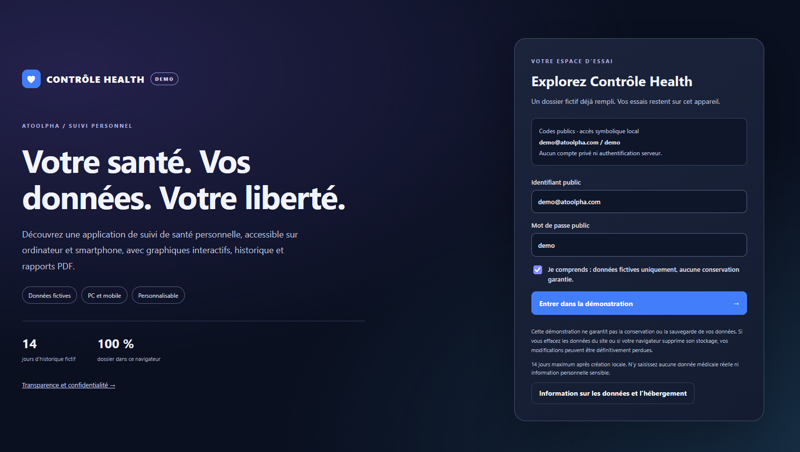 Contrôle Health DEMO, mon application de suivi personnel de santé. Testez gratuitement les graphiques, relevés et rapports PDF en ligne.