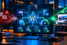 Illustration de l'architecture d'un site WordPress avec les composants PHP, cache, base de données et serveur interconnectés pour représenter l'optimisation des performances.