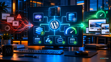 Illustration de l'architecture d'un site WordPress avec les composants PHP, cache, base de données et serveur interconnectés pour représenter l'optimisation des performances.