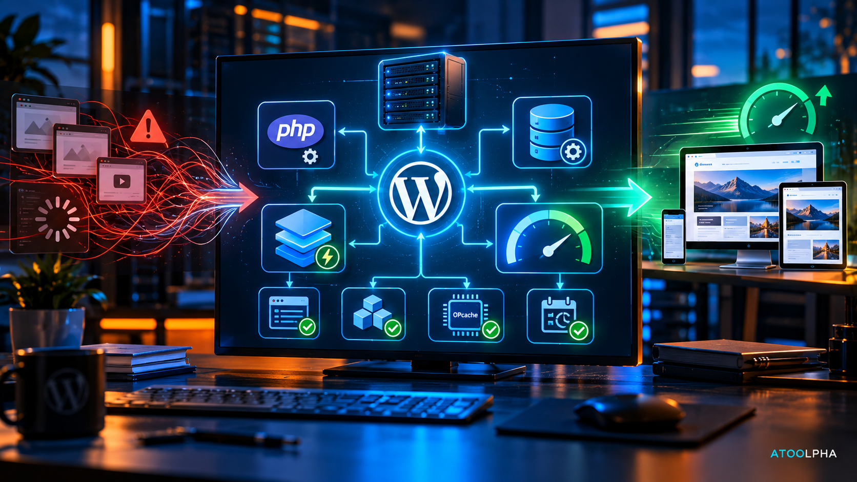 Illustration de l'architecture d'un site WordPress avec les composants PHP, cache, base de données et serveur interconnectés pour représenter l'optimisation des performances.