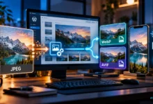 Illustration du processus d'optimisation des images WordPress, depuis un fichier JPEG vers les formats WebP et AVIF, avec un aperçu sur mobile.