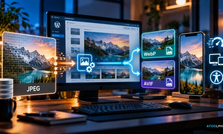 Illustration du processus d'optimisation des images WordPress, depuis un fichier JPEG vers les formats WebP et AVIF, avec un aperçu sur mobile.