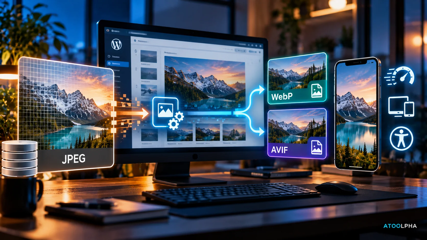 Illustration du processus d'optimisation des images WordPress, depuis un fichier JPEG vers les formats WebP et AVIF, avec un aperçu sur mobile.